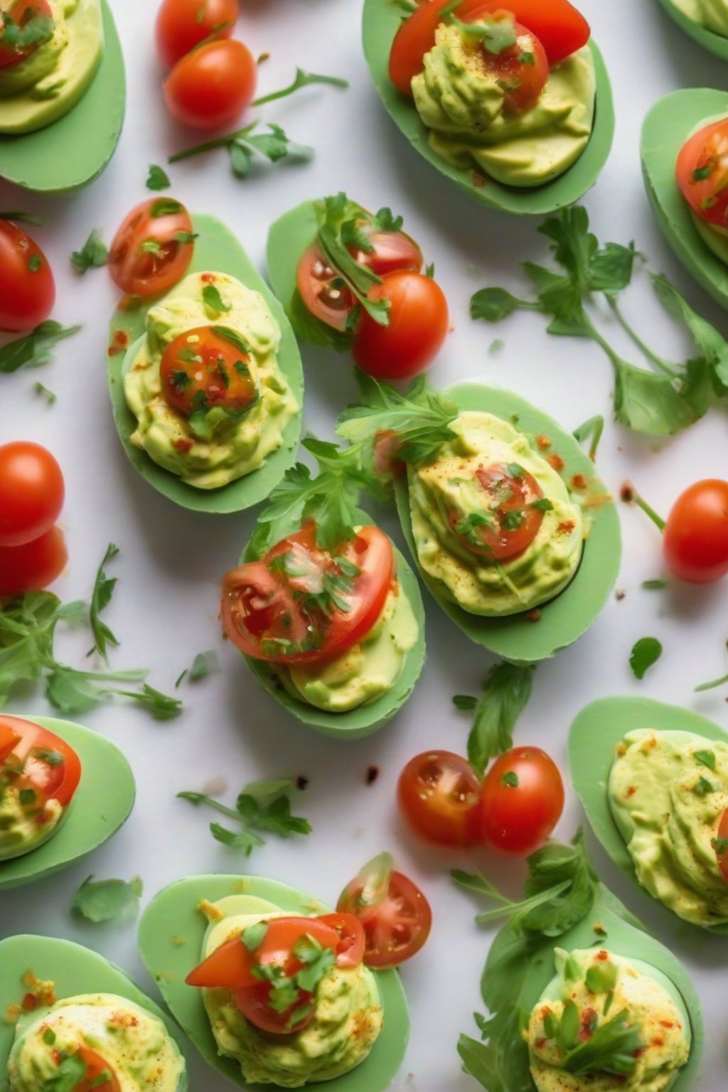 A close-up photo of vibrant green avocado deviled eggs topped with tomatoes under soft lighting.