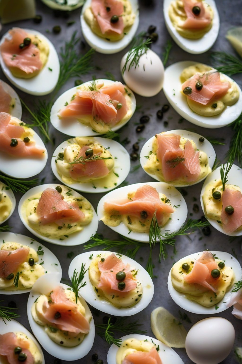 A close-up photo of smoked salmon deviled eggs with capers and dill under soft lighting.