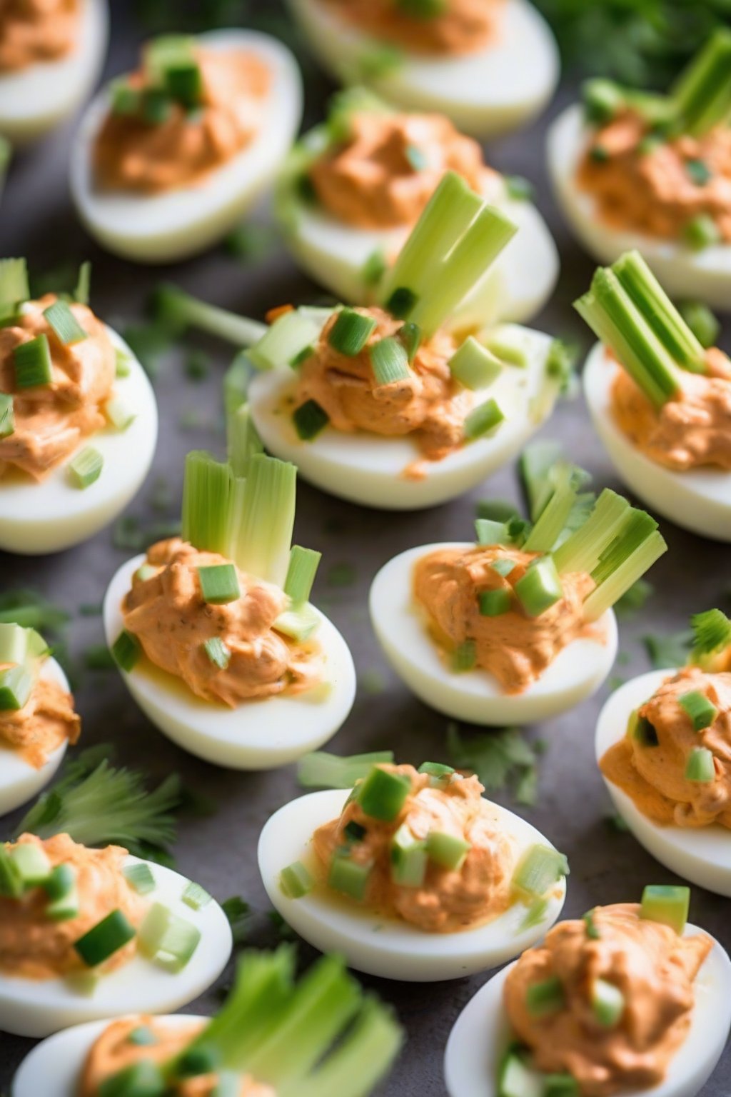 A close-up photo of buffalo chicken deviled eggs with celery garnish under soft lighting.