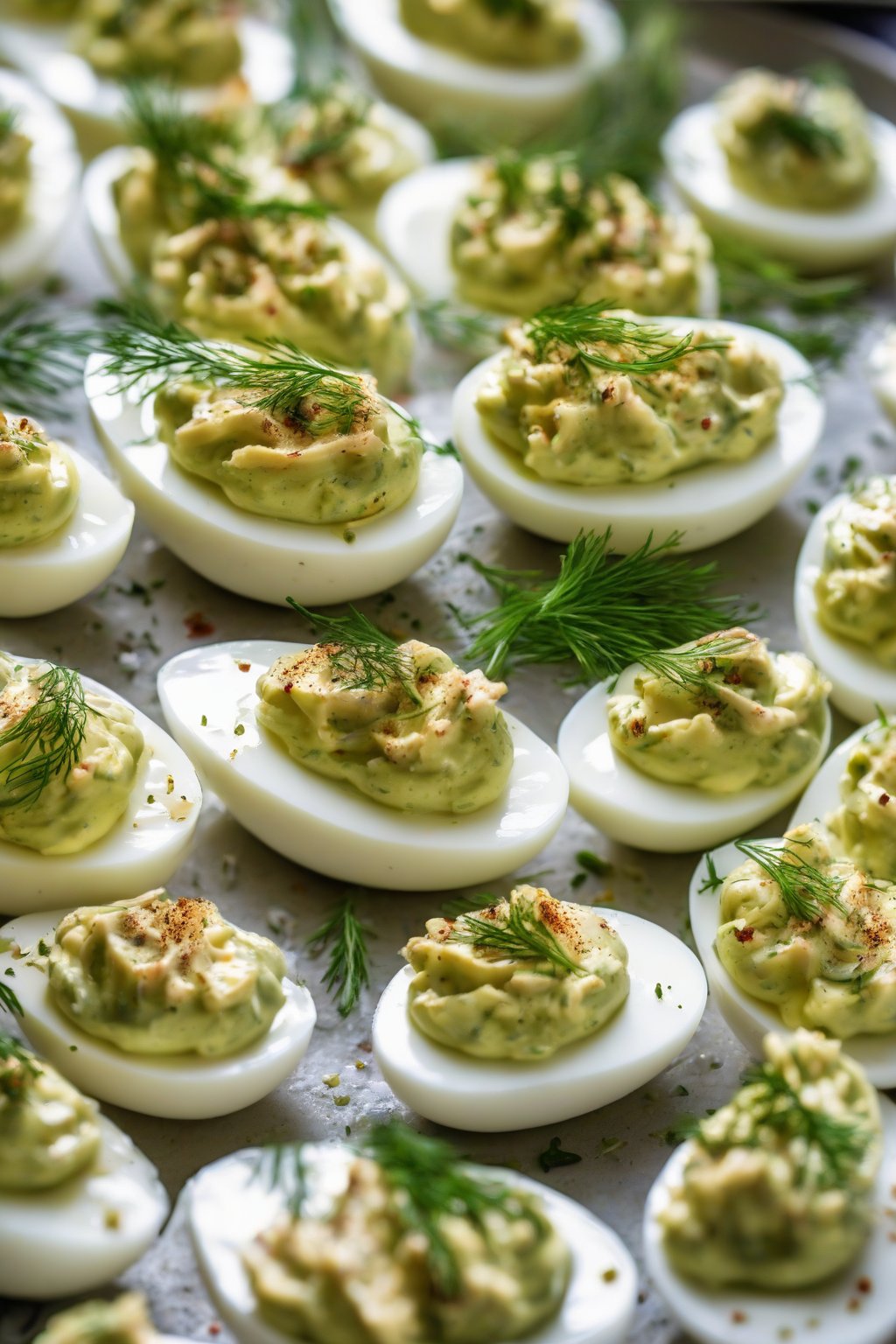 A close-up photo of pickle-loaded deviled eggs with fresh dill under soft lighting.