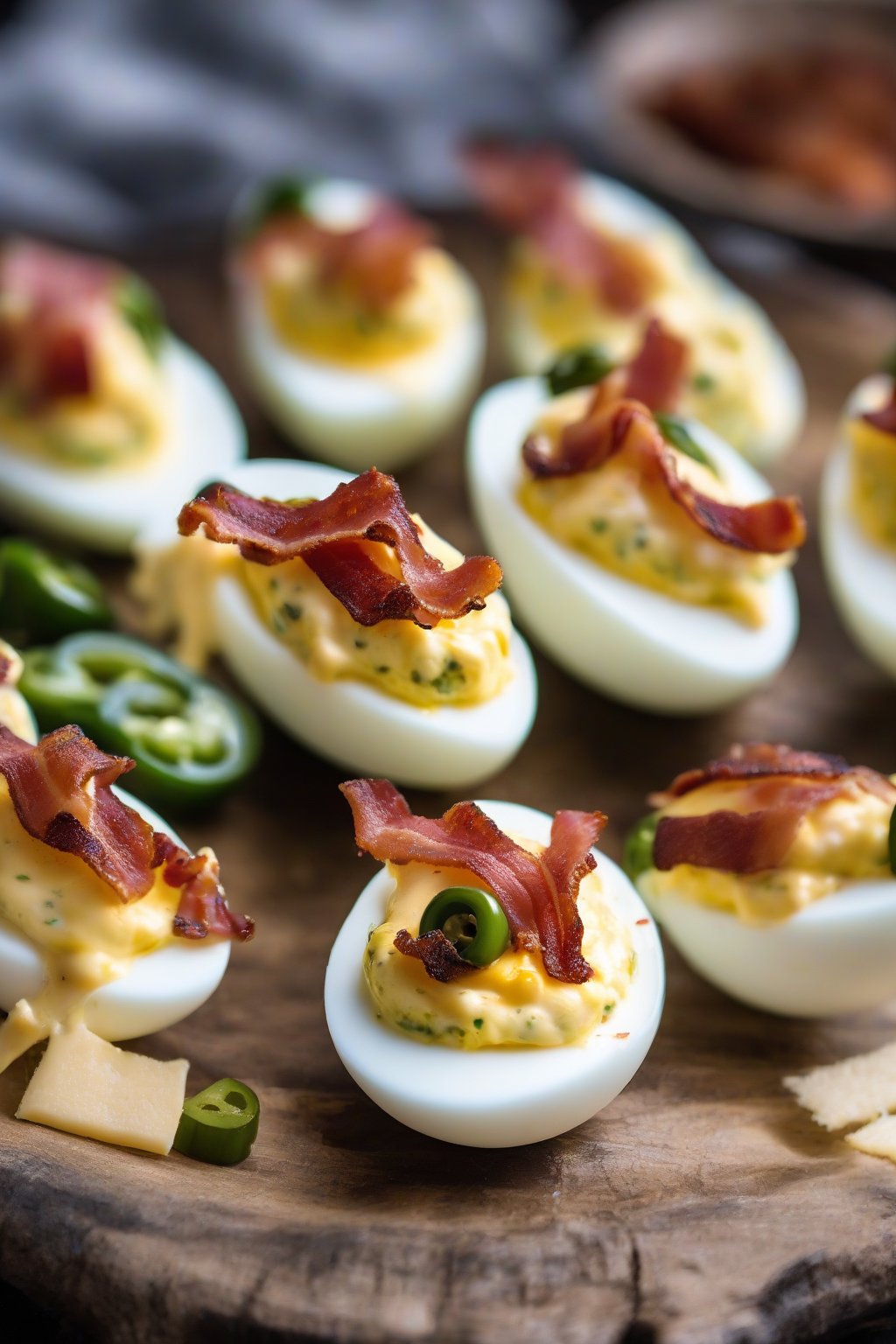 A close-up photo of jalapeño popper deviled eggs with cheese and bacon under soft lighting.