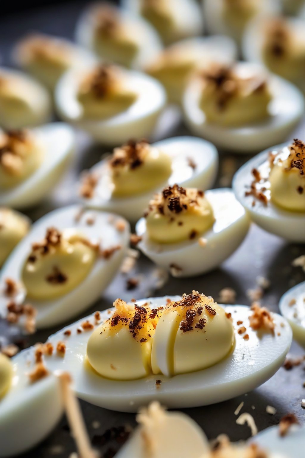 A close-up photo of luxurious truffle deviled eggs with parmesan shavings under soft lighting.