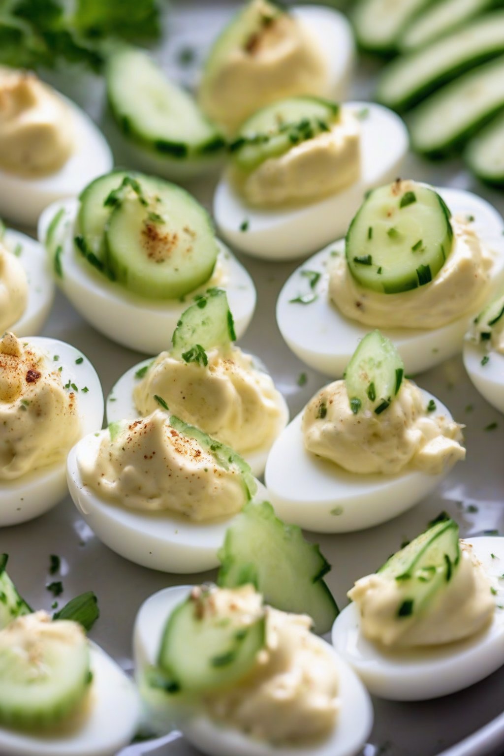 A close-up photo of fresh Greek yogurt deviled eggs with cucumber under soft lighting.