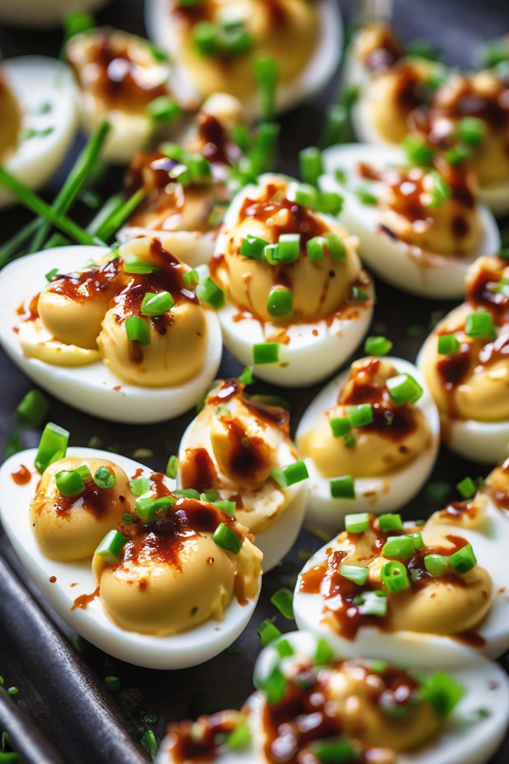 A close-up photo of BBQ-glazed deviled eggs with green onions under soft lighting.