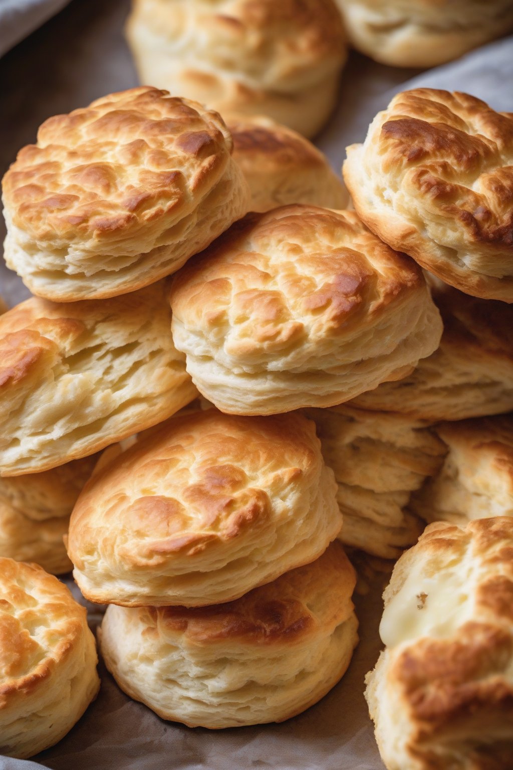 A high-resolution photo of golden, flaky classic buttermilk biscuits stacked on a white plate under soft lighting.