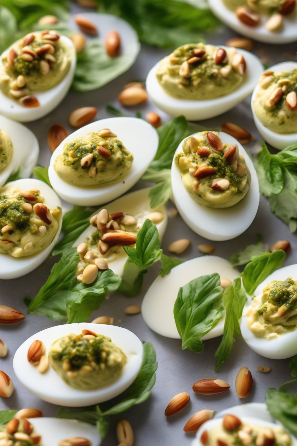 A close-up photo of pesto deviled eggs topped with pine nuts under soft lighting.