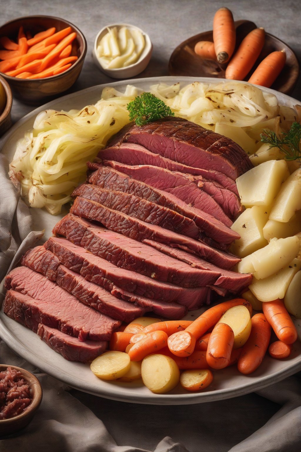 A high-resolution photo of sliced corned beef brisket surrounded by boiled carrots, potatoes, and cabbage wedges under soft lighting.
