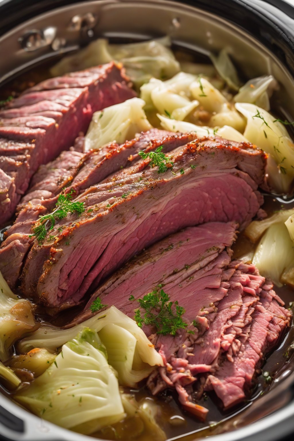 A high-resolution photo of slow-cooked corned beef and cabbage straight from the crockpot, steam rising, under soft lighting.