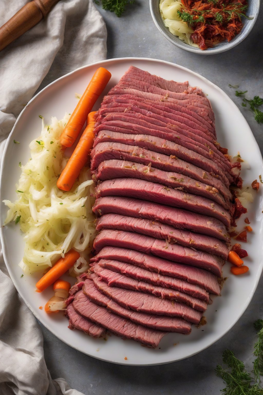 A high-resolution photo of Instant Pot corned beef sliced with vibrant cabbage and carrots on a white plate under soft lighting.