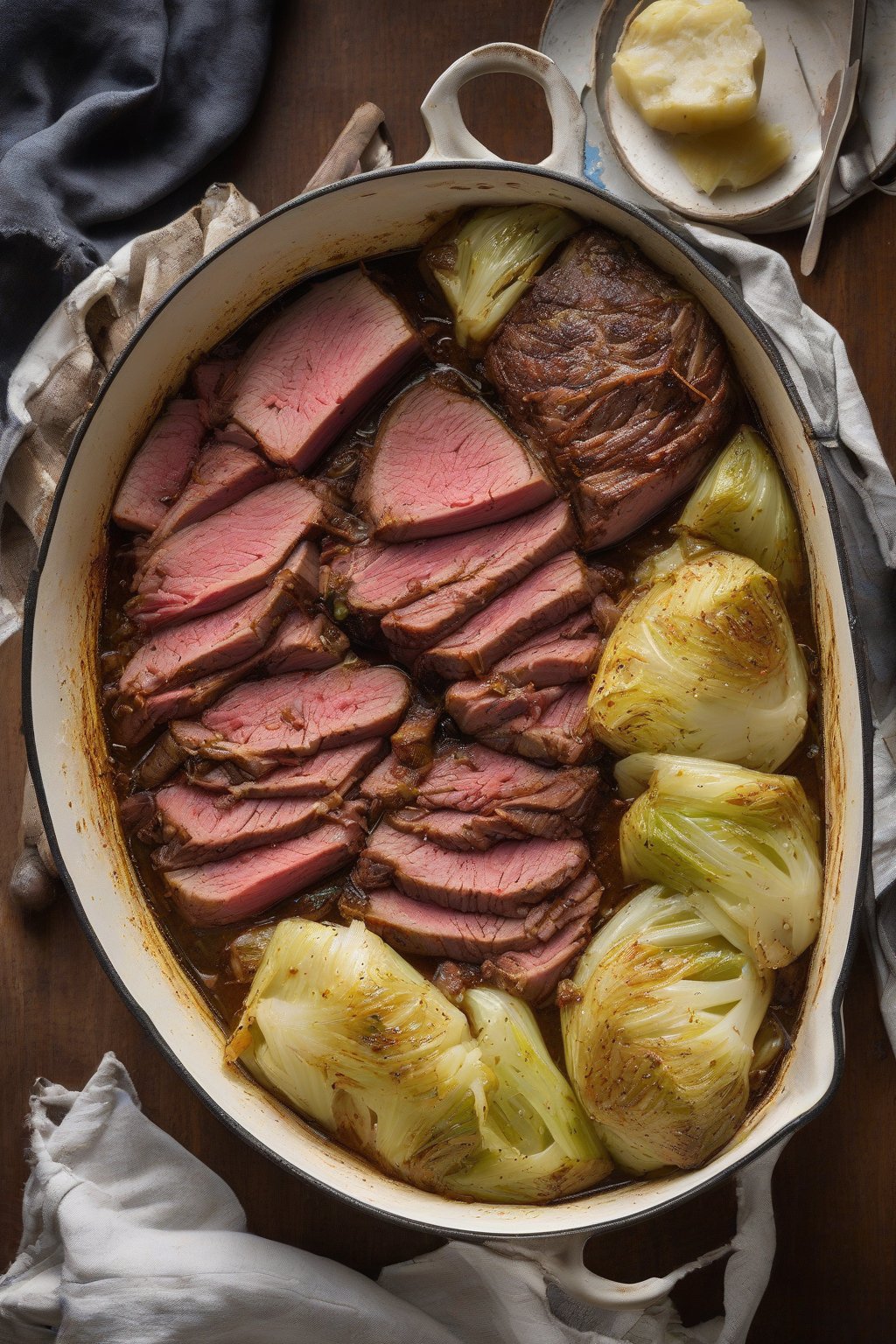 A high-resolution photo of oven-braised corned beef and cabbage in a cast-iron pot, golden edges visible, under soft lighting.