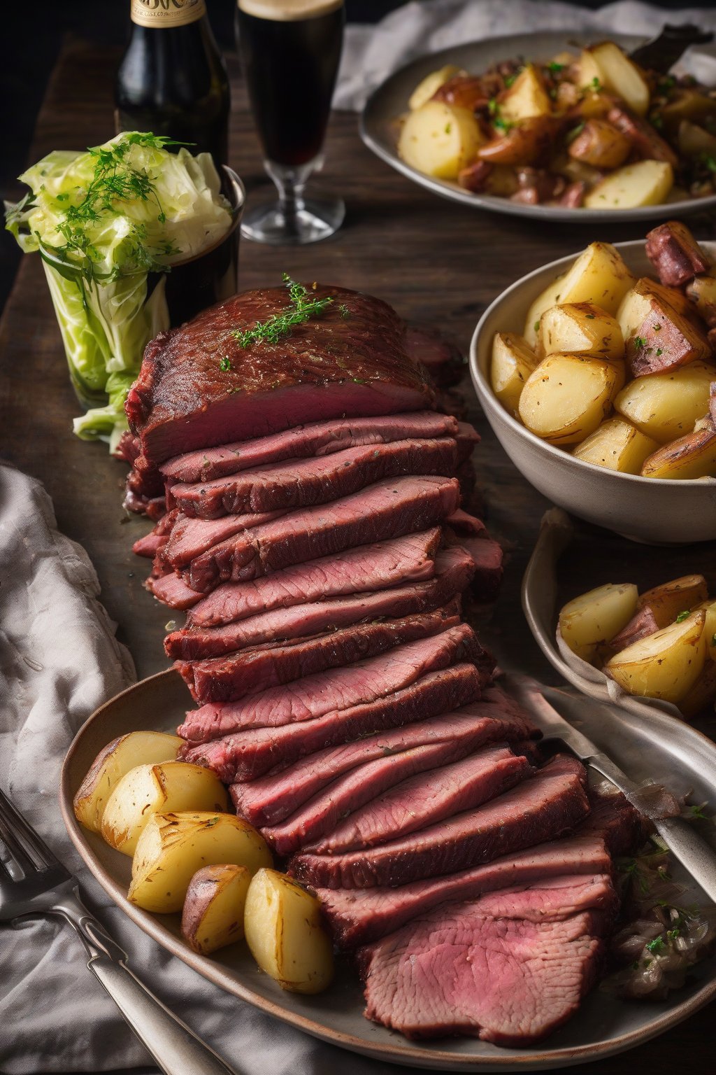 A high-resolution photo of Guinness-infused corned beef with foamy stout glaze over cabbage and potatoes under soft lighting.