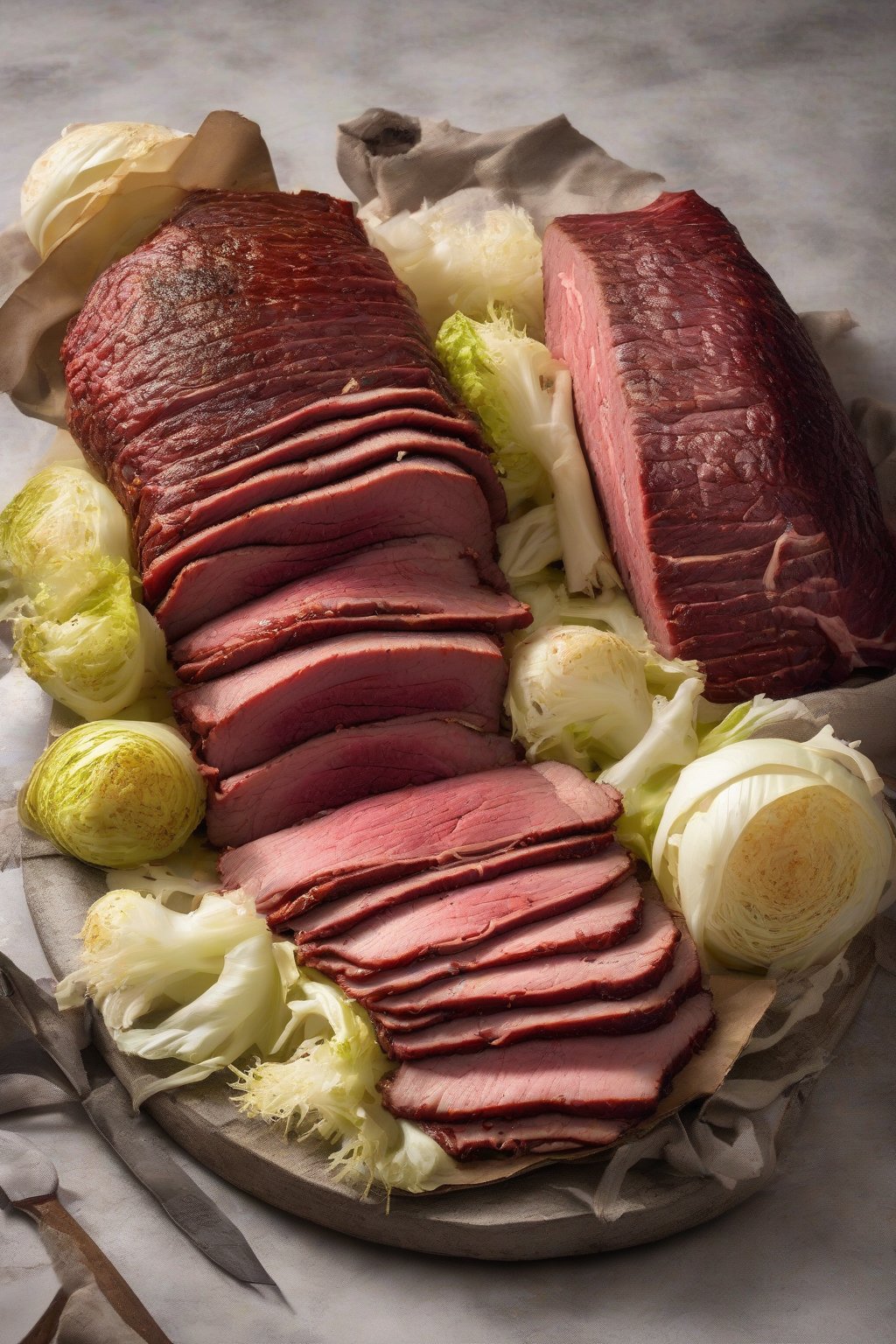 A high-resolution photo of smoked corned beef sliced thin next to boiled cabbage bouquet under soft lighting.