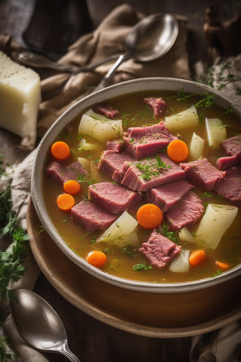 A high-resolution photo of steaming corned beef and cabbage soup in a rustic bowl with herbs under soft lighting.