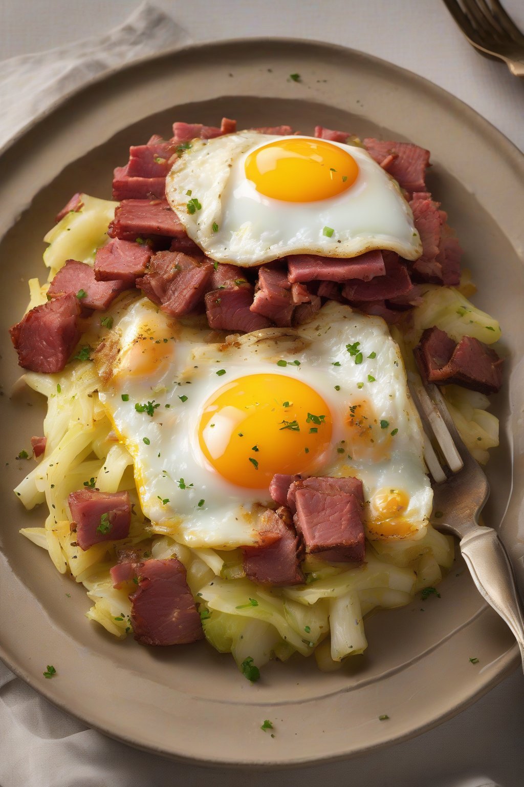 A high-resolution photo of golden corned beef hash with cabbage and fried egg on top under soft lighting.