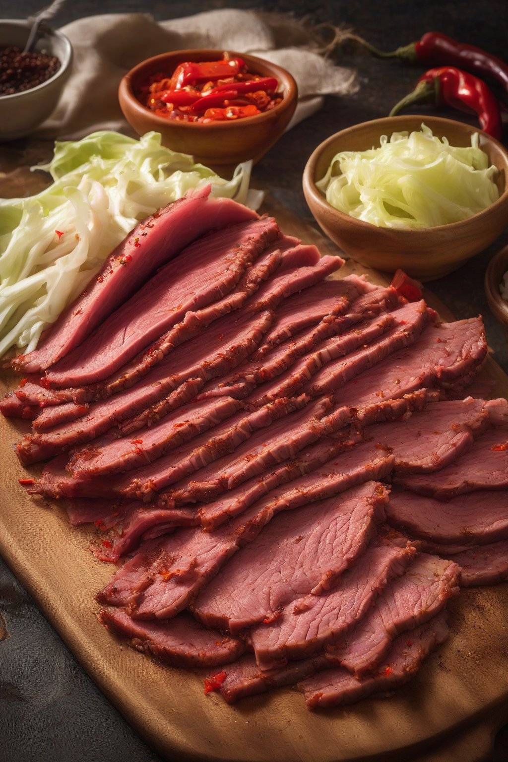 A high-resolution photo of spicy corned beef slices with red peppers amid cabbage under soft lighting.