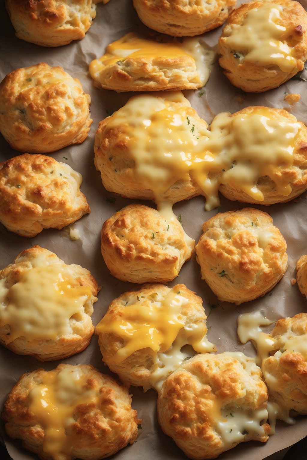 A high-resolution photo of cheesy cheddar biscuits with melted cheese oozing, fresh from the oven under soft lighting.
