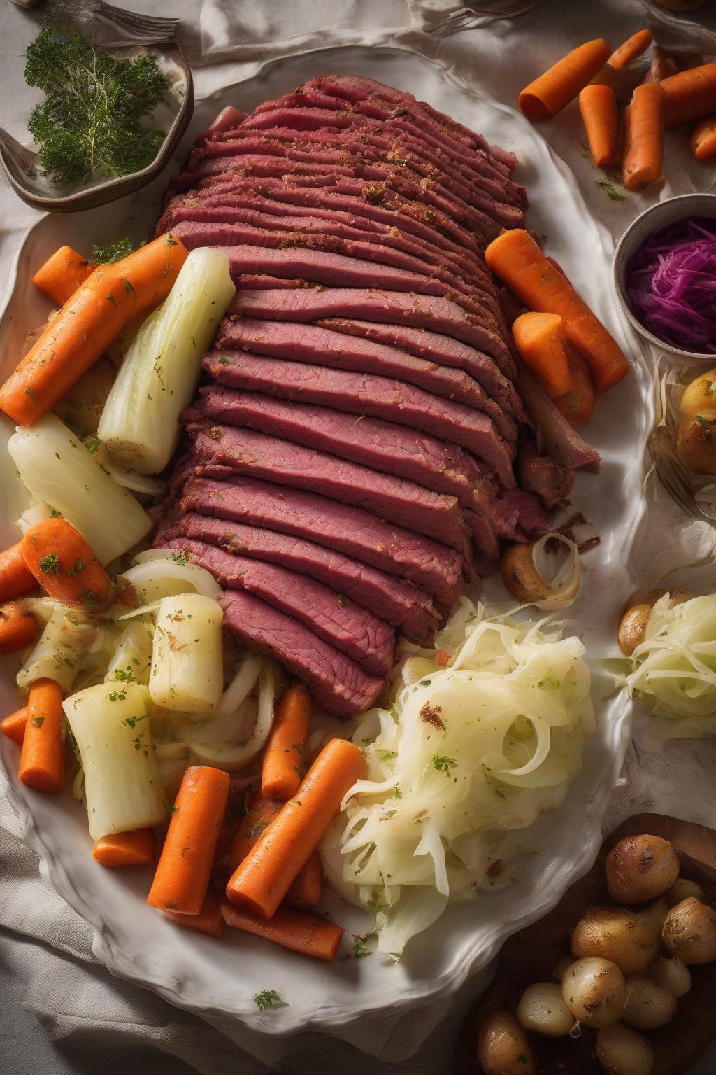 A high-resolution photo of corned beef with colorful root vegetables and cabbage on a platter under soft lighting.
