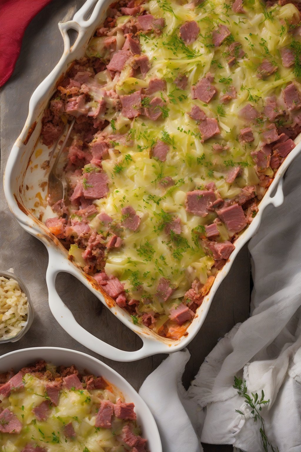 A high-resolution photo of bubbly corned beef and cabbage casserole fresh from oven under soft lighting.