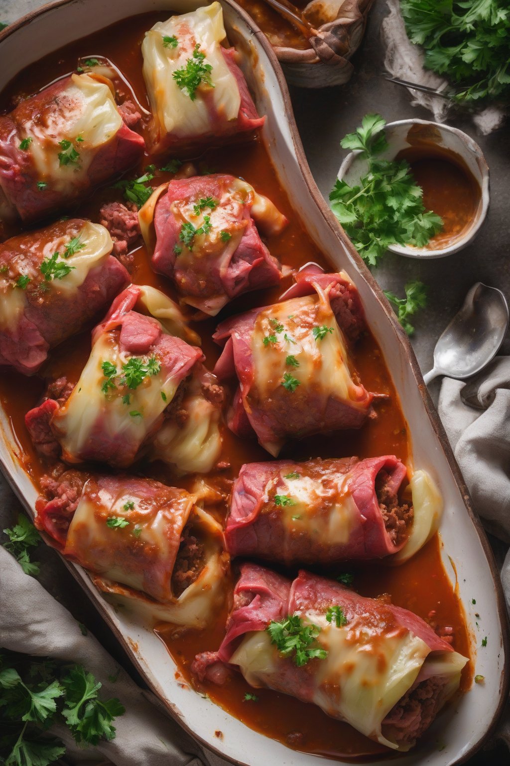 A high-resolution photo of stuffed corned beef cabbage rolls in sauce under soft lighting.