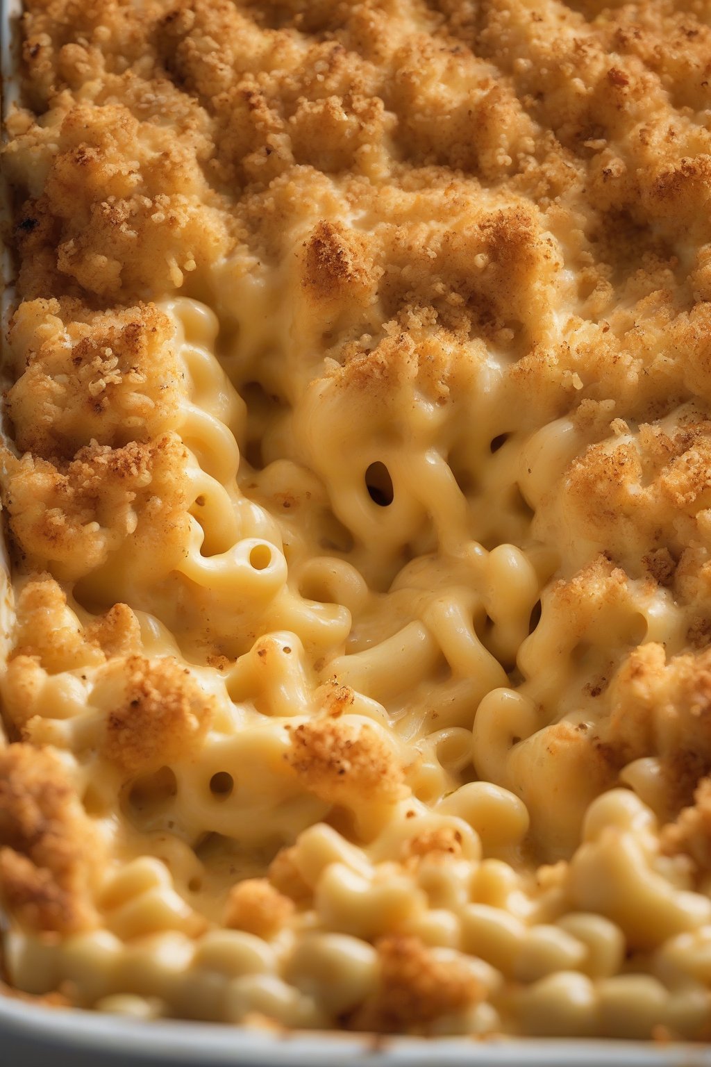 A close-up photo of golden-baked classic mac and cheese with crispy breadcrumb topping under soft lighting.