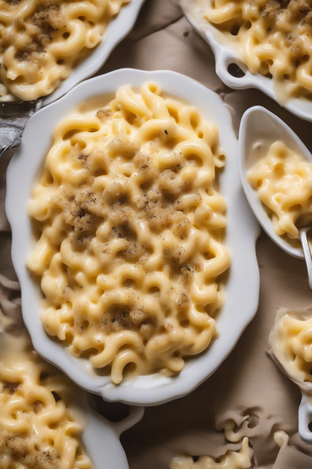 A close-up photo of creamy truffle mac and cheese drizzled with oil under soft lighting.