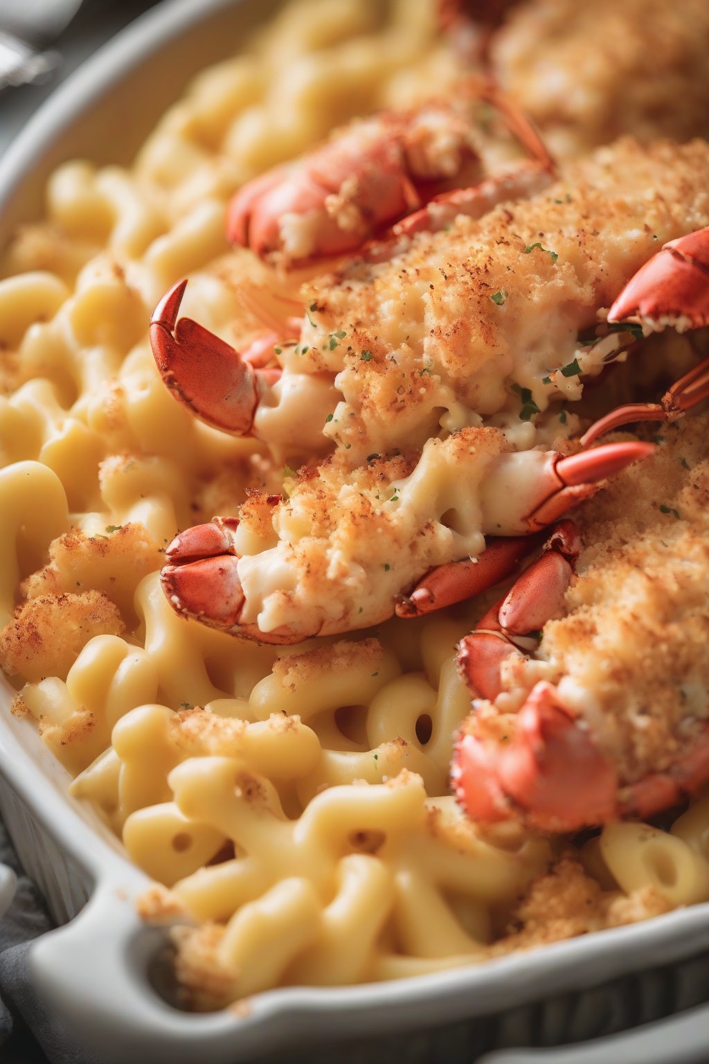 A close-up photo of lobster mac and cheese topped with golden panko under soft lighting.