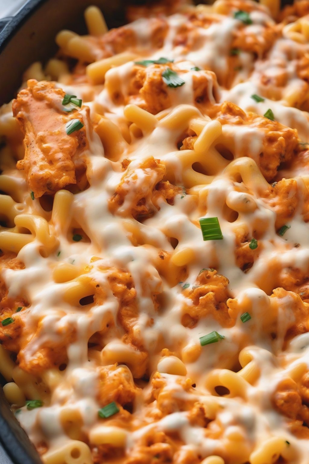 A close-up photo of spicy buffalo chicken mac and cheese with ranch swirl under soft lighting.
