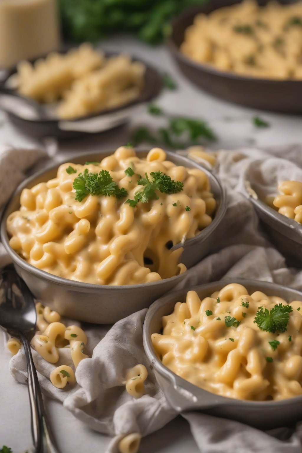 A close-up photo of vegan mac and cheese with cheesy sauce stretch under soft lighting.