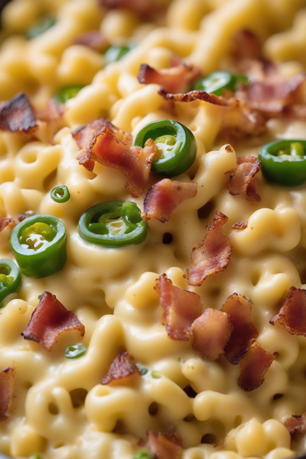 A close-up photo of bacon jalapeño mac and cheese with green flecks under soft lighting.