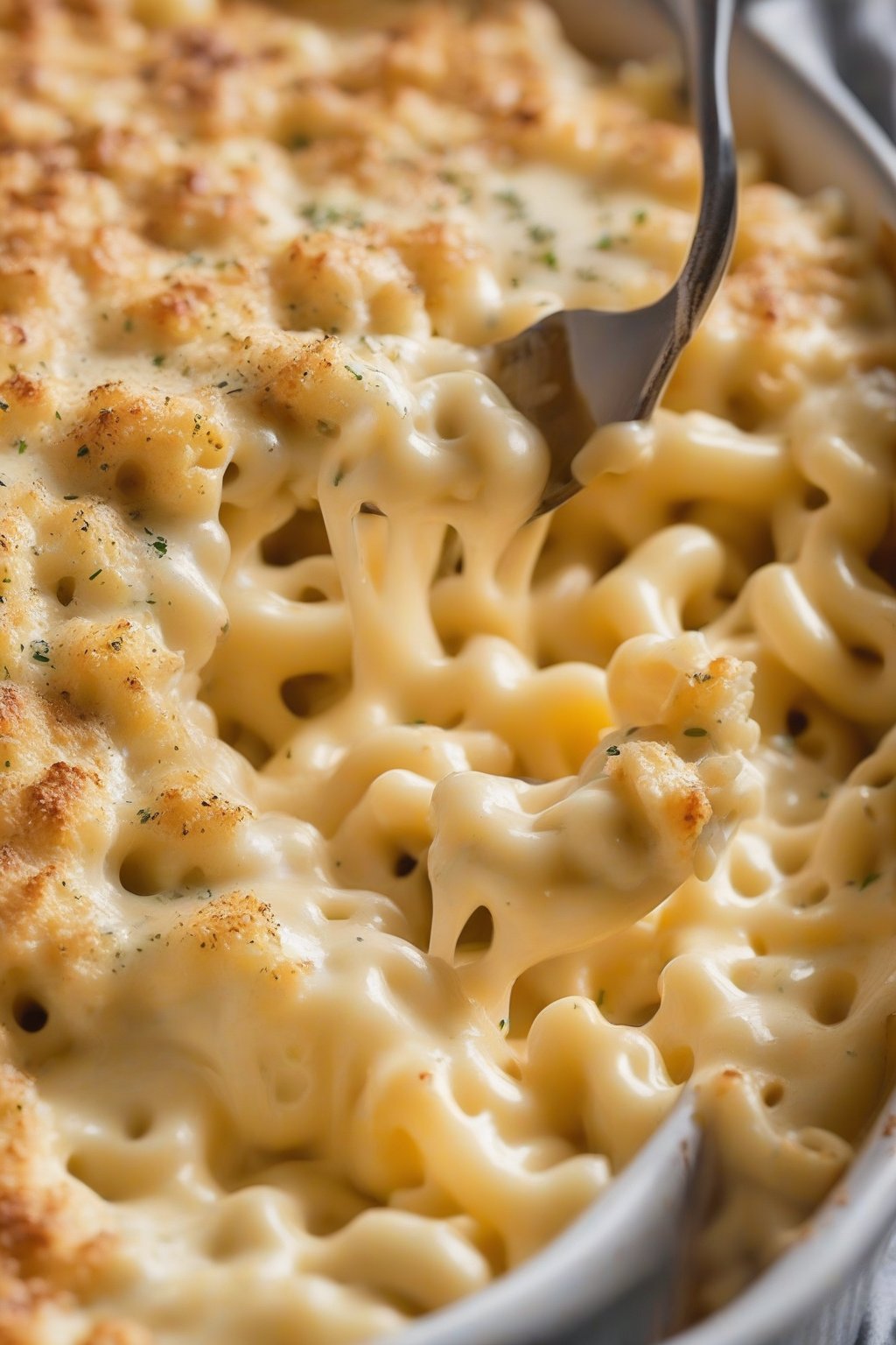 A close-up photo of gooey four-cheese mac and cheese pull under soft lighting.
