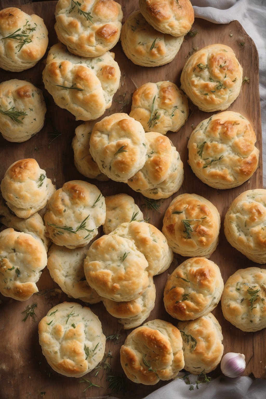 A high-resolution photo of herb-flecked garlic biscuits with a glossy top, served on a wooden board under soft lighting.