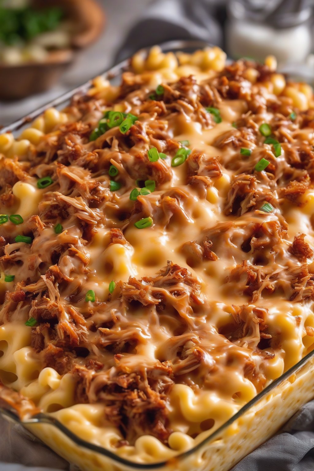 A close-up photo of BBQ pulled pork mac and cheese with sauce glaze under soft lighting.