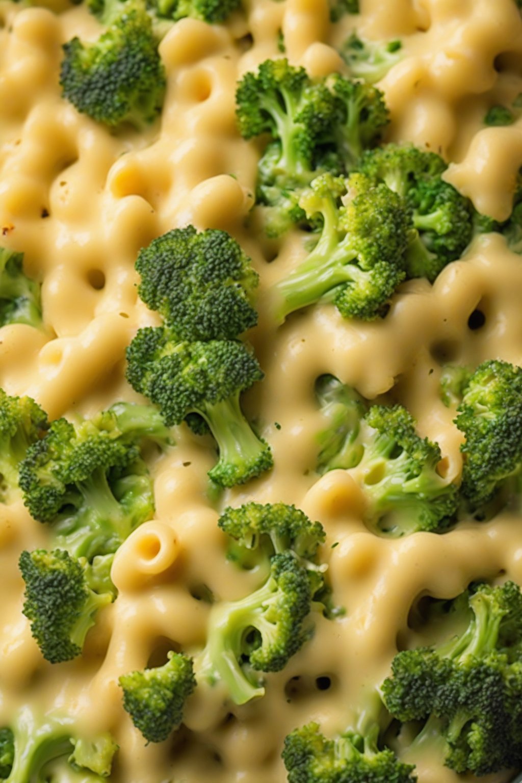 A close-up photo of broccoli cheddar mac and cheese with vibrant green bits under soft lighting.