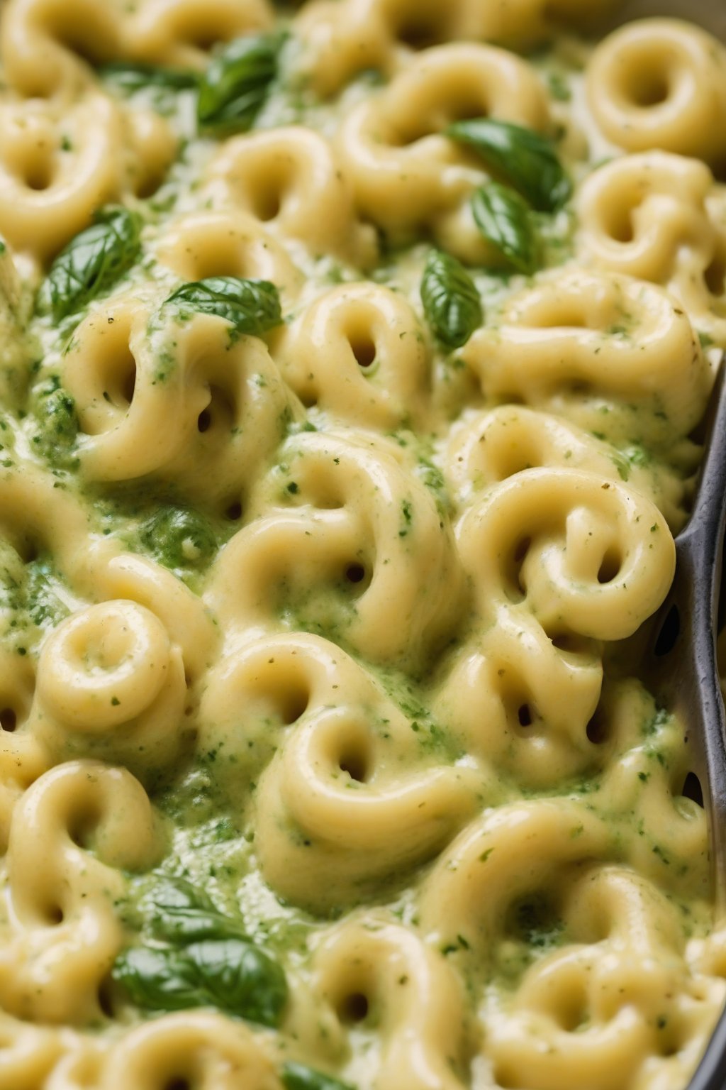 A close-up photo of pesto mac and cheese swirled with green under soft lighting.