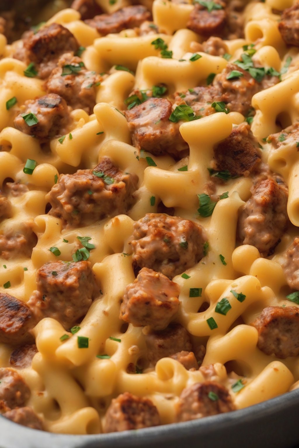 A close-up photo of spicy sausage mac and cheese with sausage chunks under soft lighting.
