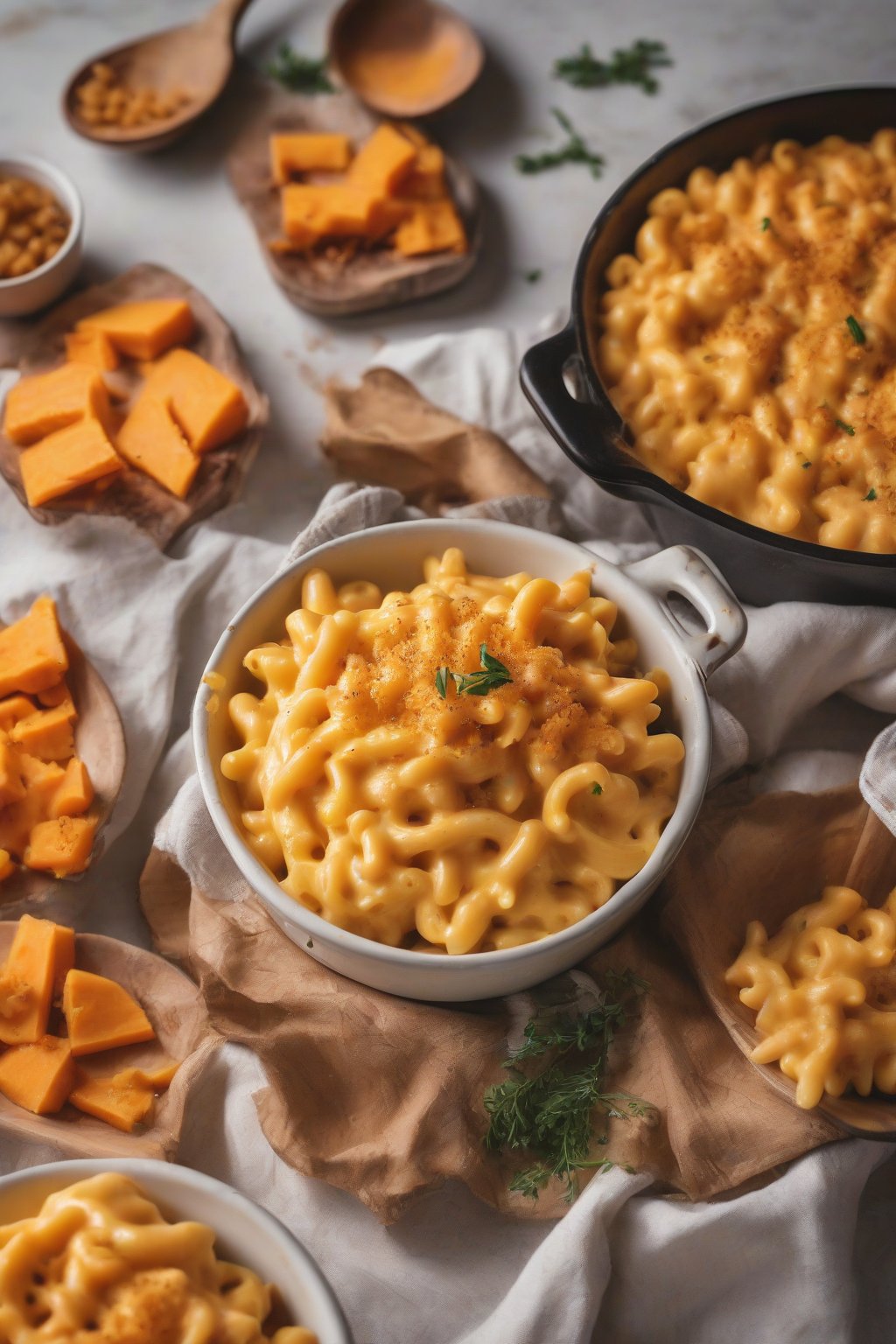 A close-up photo of sweet potato mac and cheese with orange hue under soft lighting.