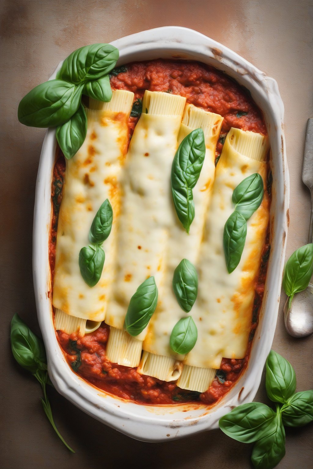 A high-resolution photo of golden baked classic ricotta and spinach stuffed manicotti topped with melted cheese, garnished with fresh basil, under soft lighting.