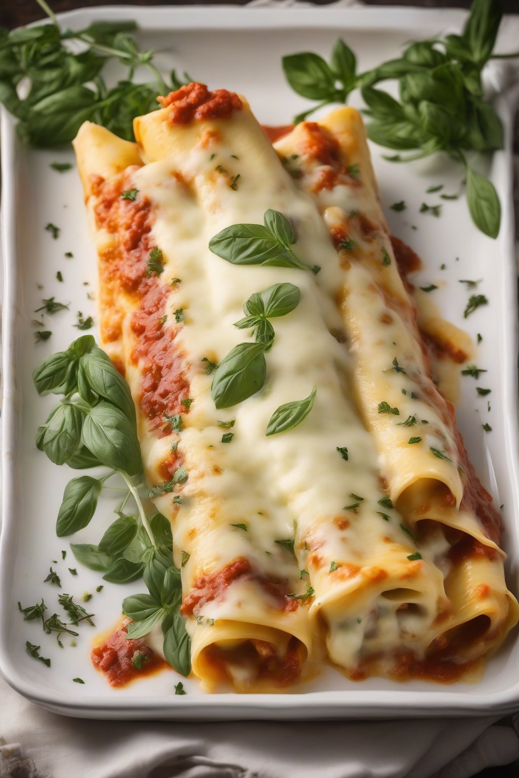 A high-resolution photo of four-cheese stuffed manicotti oozing with molten layers, served in a white dish with a sprinkle of herbs, under soft lighting.