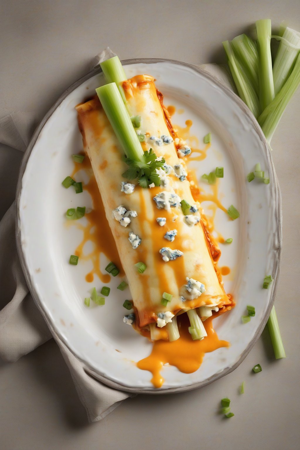 A high-resolution photo of buffalo chicken stuffed manicotti with fiery orange sauce drips and blue cheese crumbles, plated with celery sticks, under soft lighting.