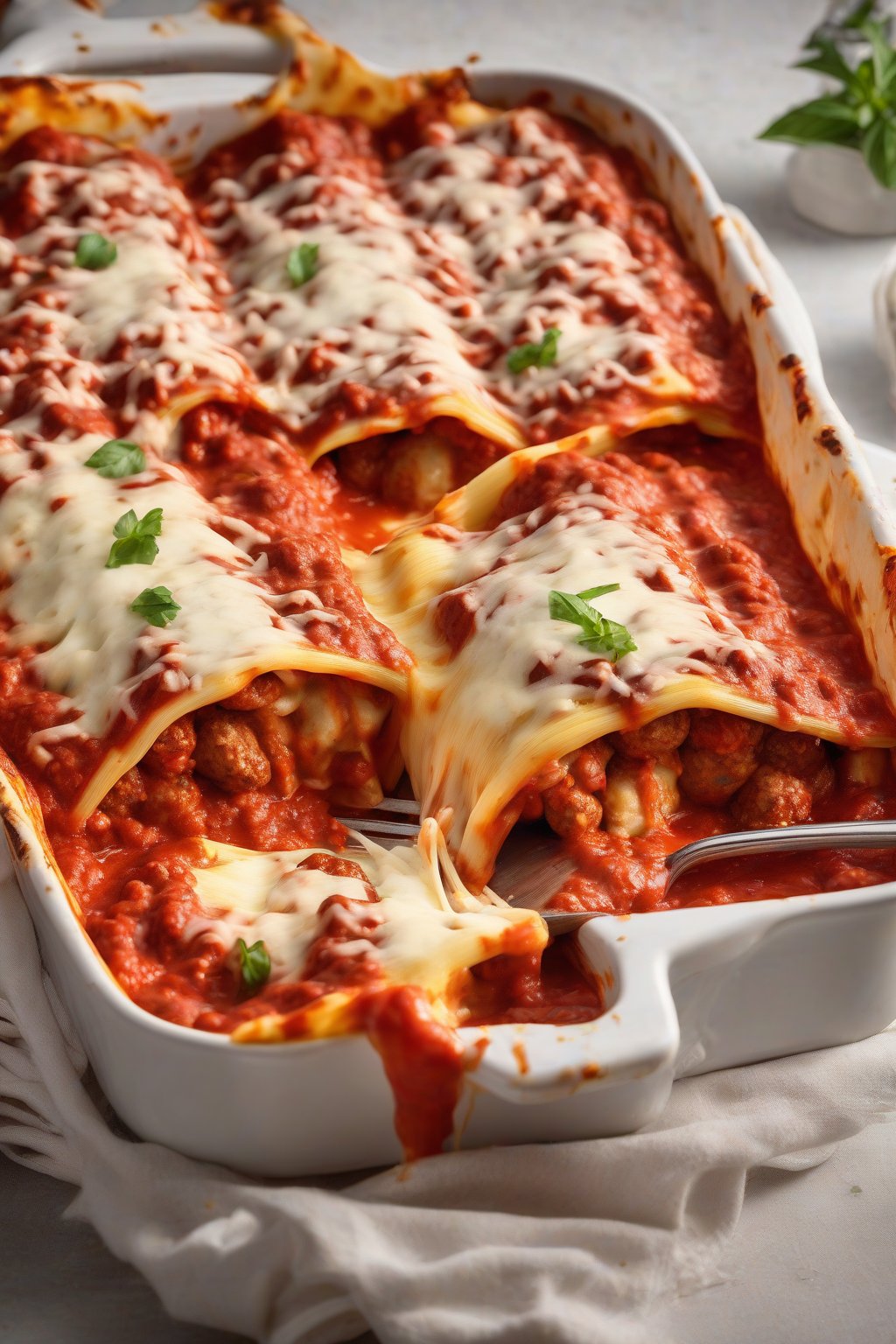 A high-resolution photo of meatball-stuffed manicotti sliced open to reveal juicy bites, smothered in red sauce and cheese pull, under soft lighting.