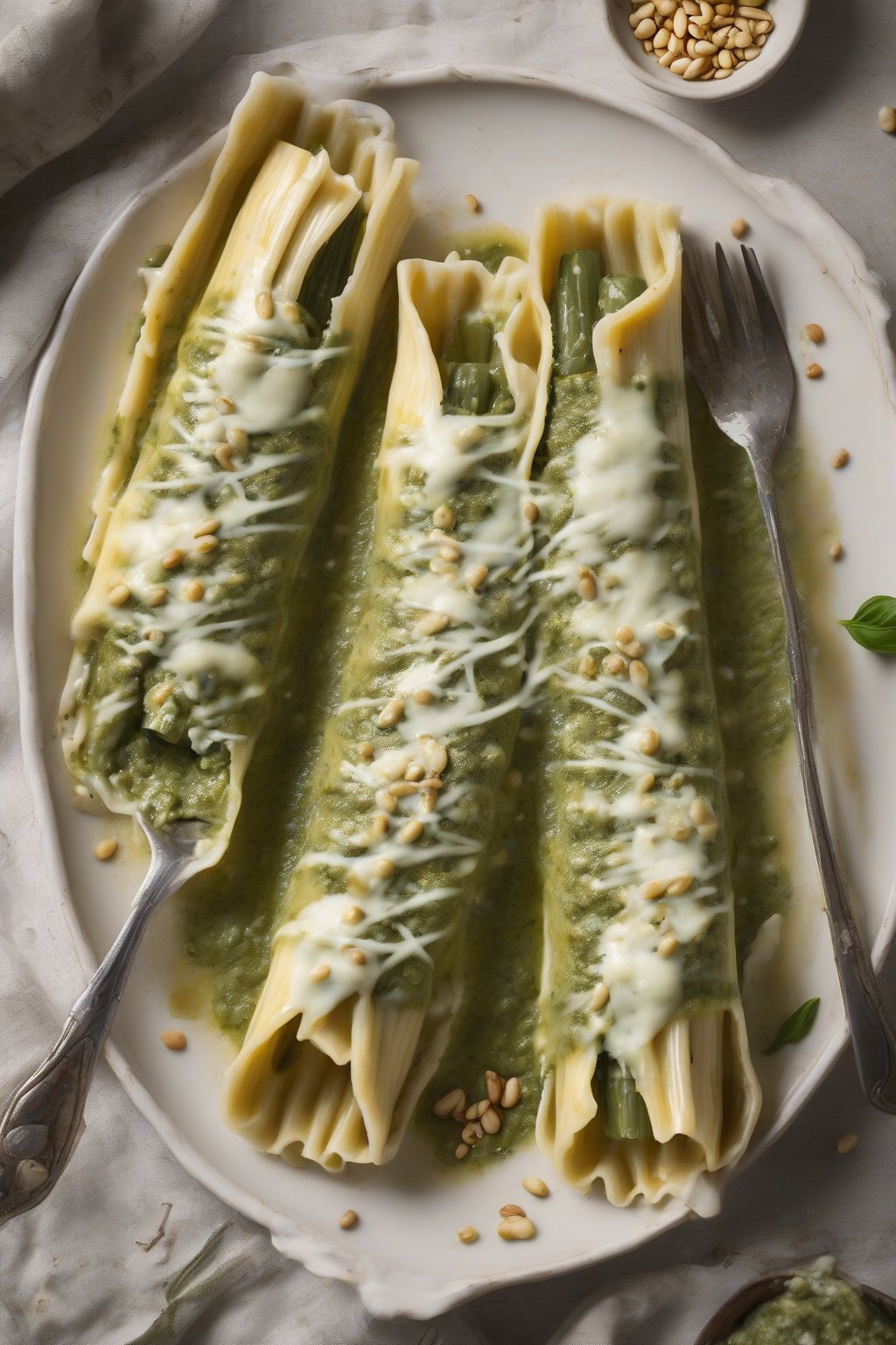 A high-resolution photo of pesto-stuffed manicotti with green flecks and gooey mozzarella, topped with pine nuts, under soft lighting.
