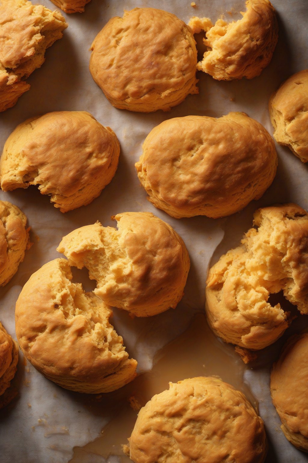 A high-resolution photo of orange-hued sweet potato biscuits split open with steam rising under soft lighting.