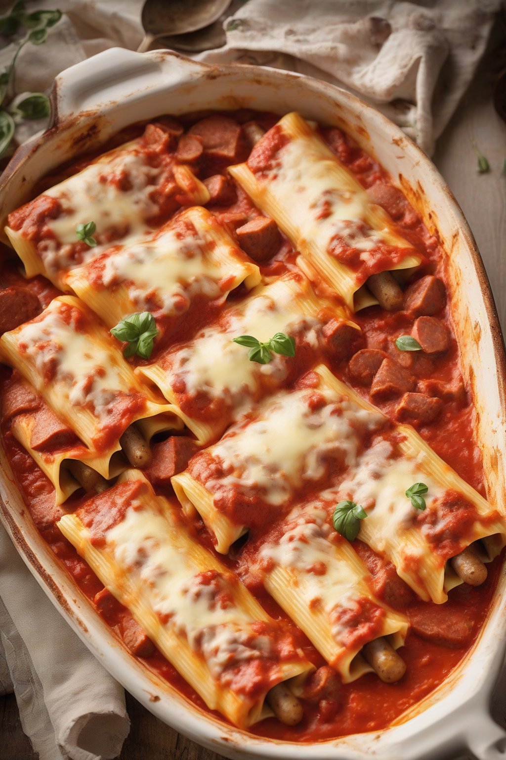 A high-resolution photo of sausage and pepperoni manicotti bubbling with spicy meats and melted provolone, under soft lighting.