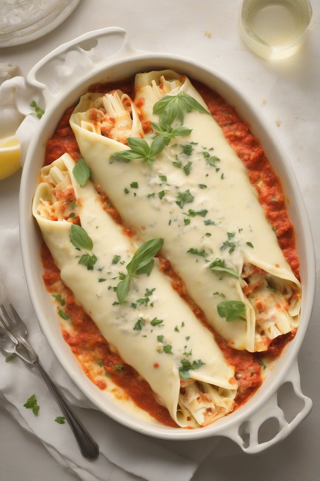 A high-resolution photo of elegant crab-stuffed manicotti with creamy sauce and lemon zest, under soft lighting.