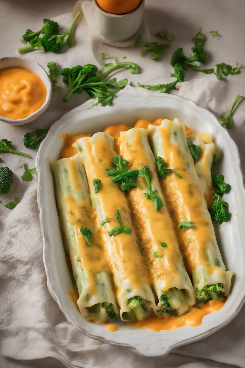 A high-resolution photo of broccoli cheddar manicotti with vibrant green bits peeking through orange cheese, under soft lighting.