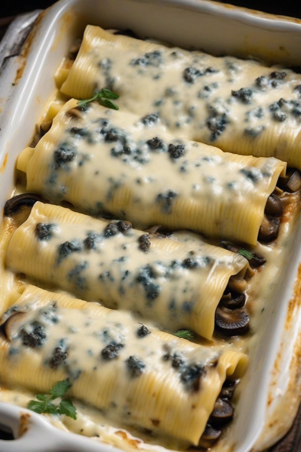 A high-resolution photo of mushroom gorgonzola manicotti with dark caps and blue cheese veins, under soft lighting.