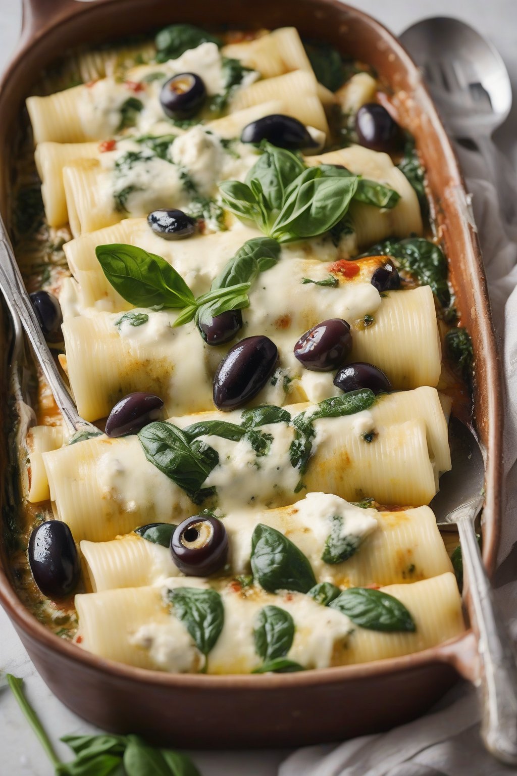 A high-resolution photo of Greek-style feta spinach manicotti garnished with olives and herbs, under soft lighting.