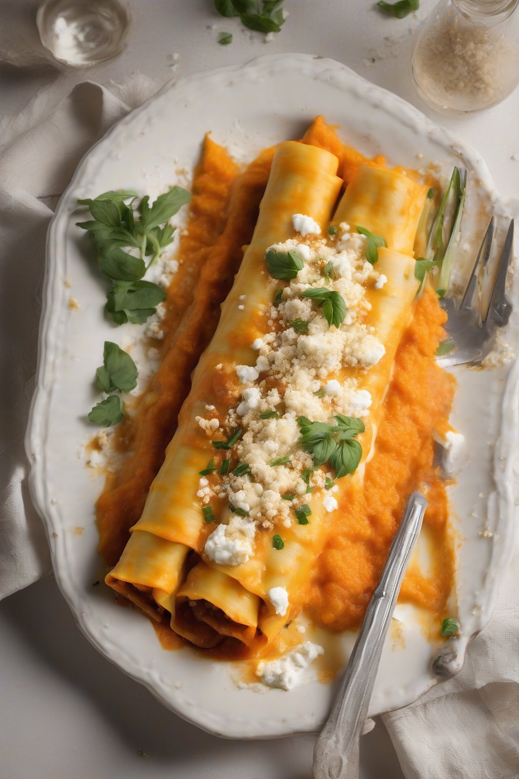 A high-resolution photo of sweet potato goat cheese manicotti with orange mash and white cheese crumbles, under soft lighting.