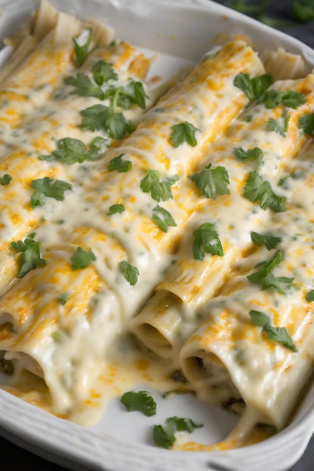 A high-resolution photo of jalapeño popper manicotti with green flecks and melty cheddar, drizzled with ranch, under soft lighting.