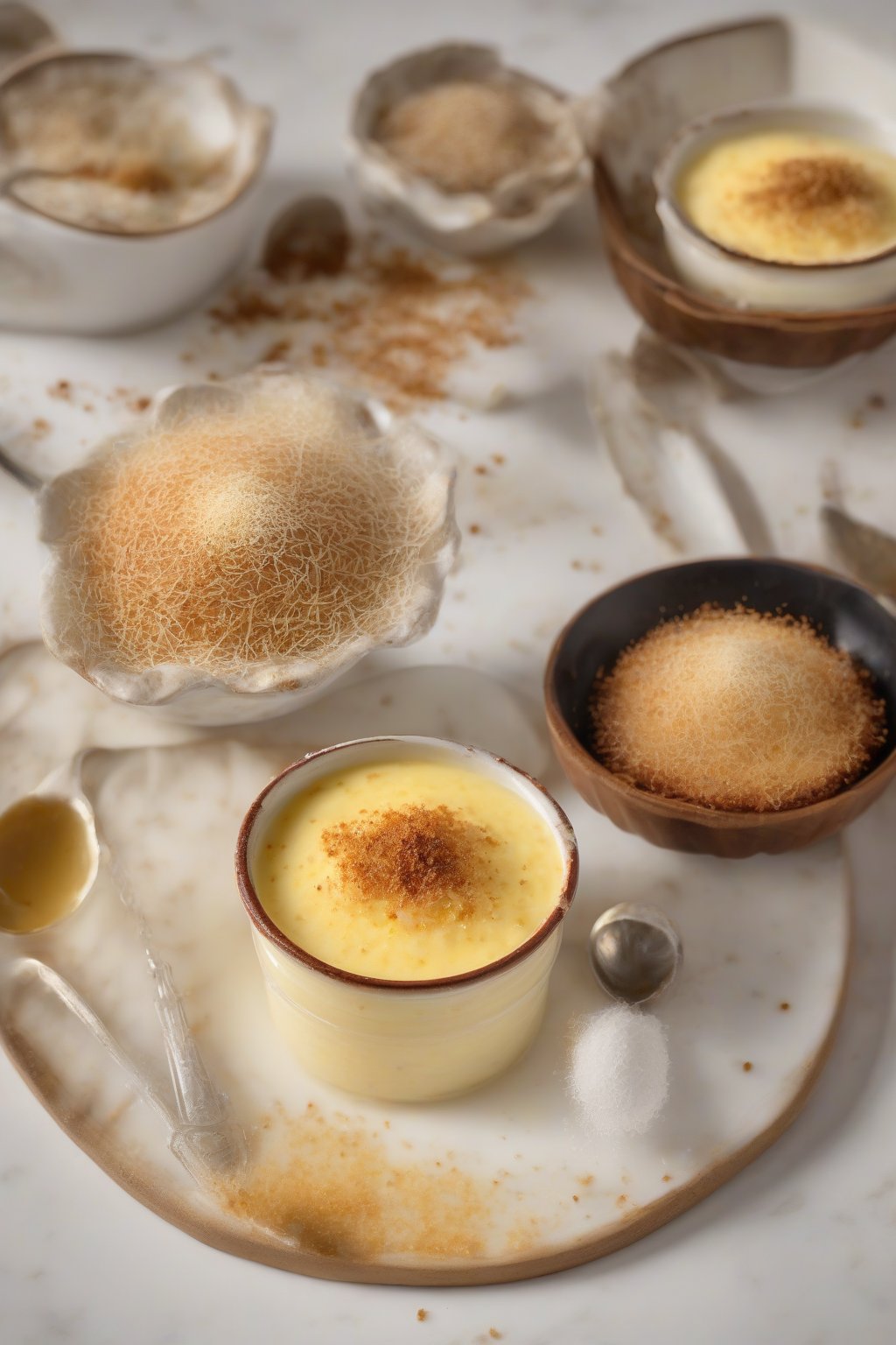 A high-resolution photo of baked custard sprinkled with fresh grated nutmeg under soft lighting.